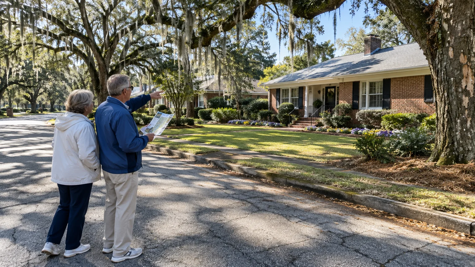 An older couple holding a map looks at brick houses along a quiet residential street lined with moss-draped oak trees.