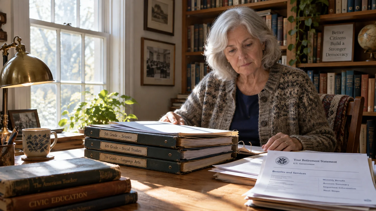 Senior woman sitting at a desk reviewing binders and a retirement statement in a home library with bookshelves.