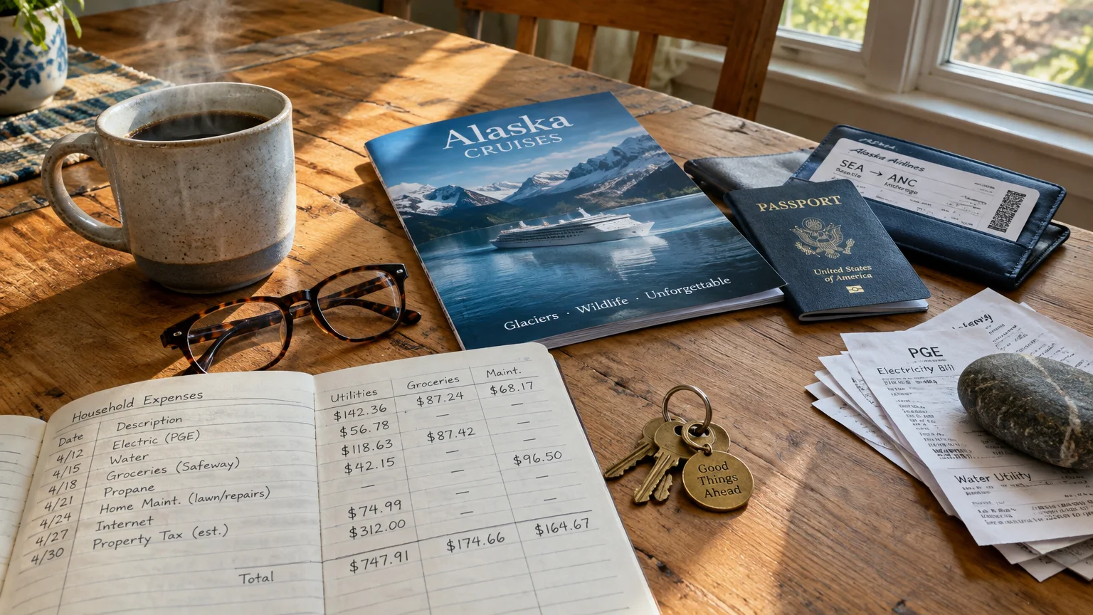 A wooden desk with an open expense ledger, glasses, coffee mug, Alaska cruise brochure, passport, and utility bills.