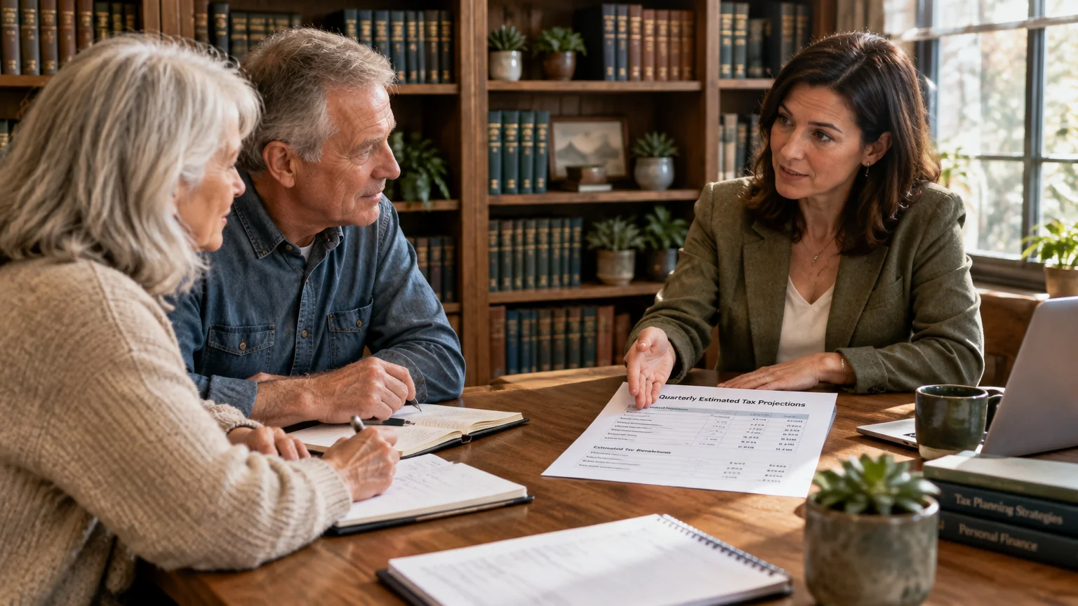 A female advisor discusses quarterly estimated tax projections with a senior couple seated across a wooden desk in an office.