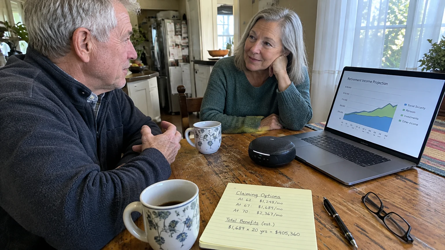 Older couple seated at a wooden table looking at a laptop displaying a retirement income projection chart and written notes.