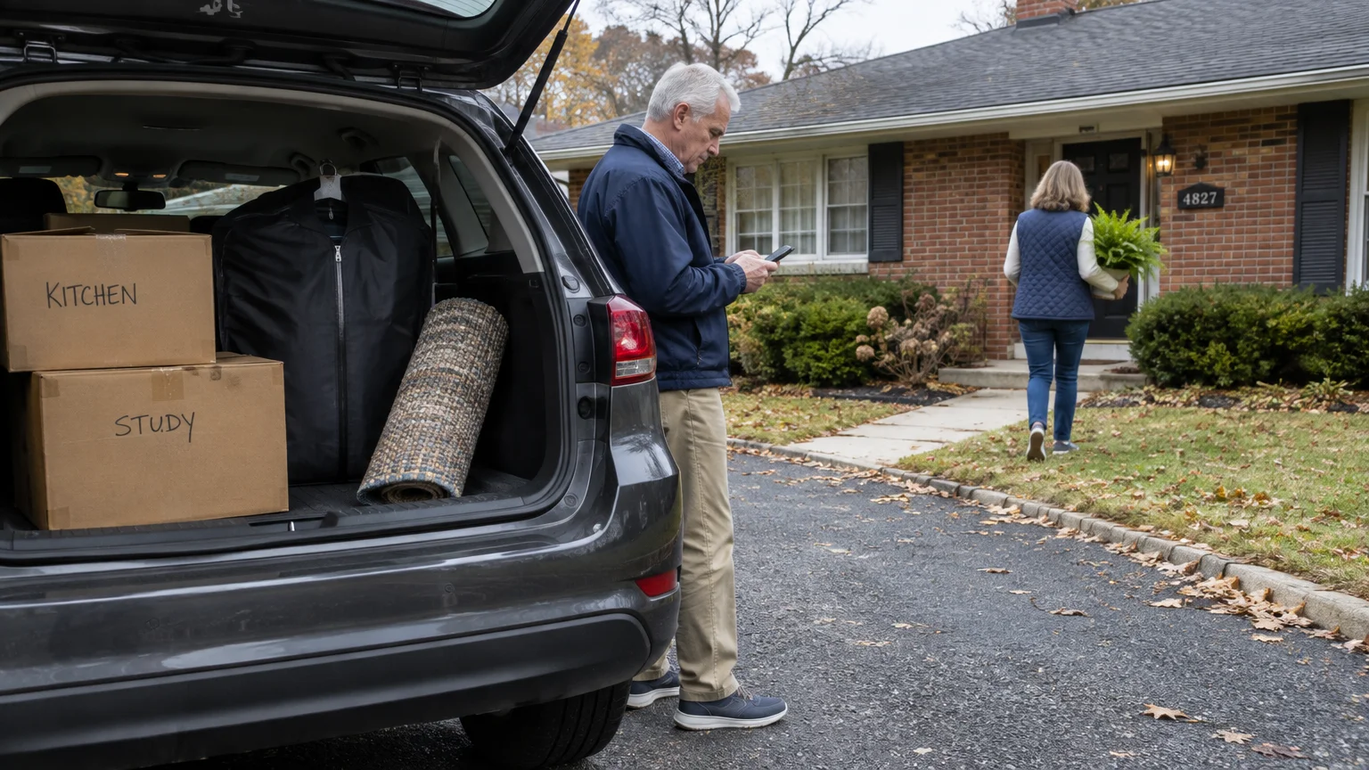 A man checks his phone by an open car trunk packed with moving boxes while a woman carries a plant to a brick house.