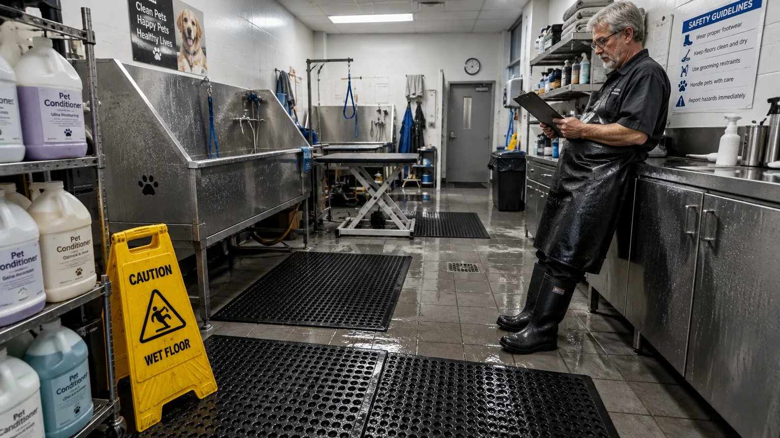 A man in a grooming apron reads a clipboard in a wet pet wash room beside stainless steel tubs and a caution sign.