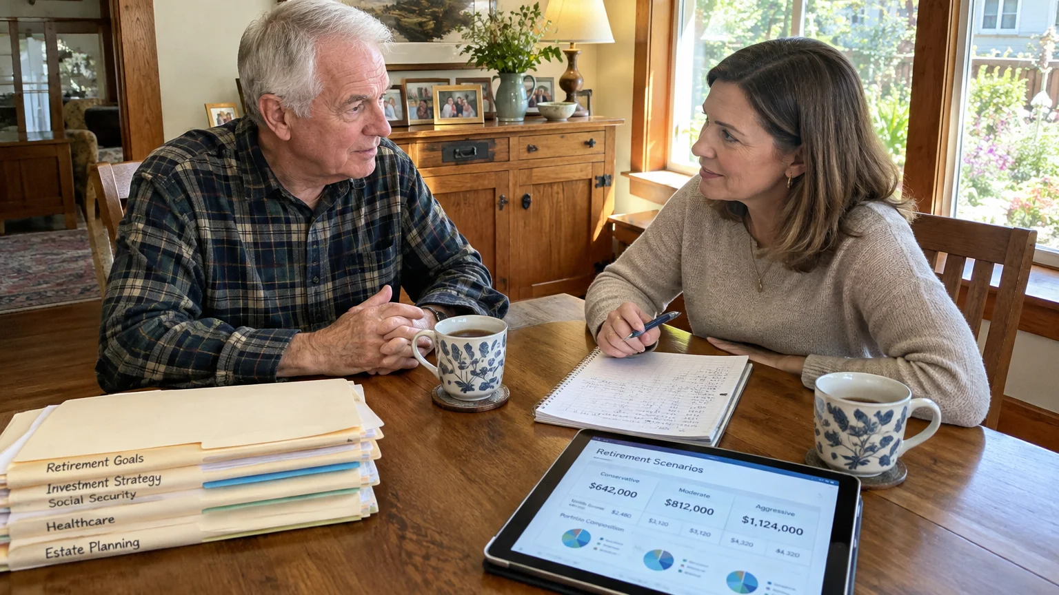 A man and woman sit at a dining table reviewing retirement planning folders, a notebook, and a tablet displaying scenarios.
