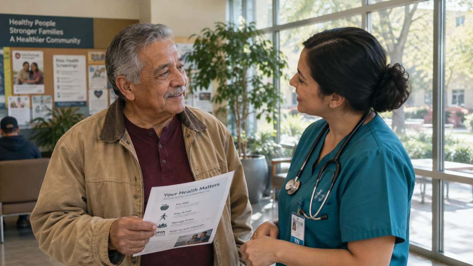 A smiling healthcare worker in blue scrubs talks with a senior man holding a health flyer in a bright clinic lobby.