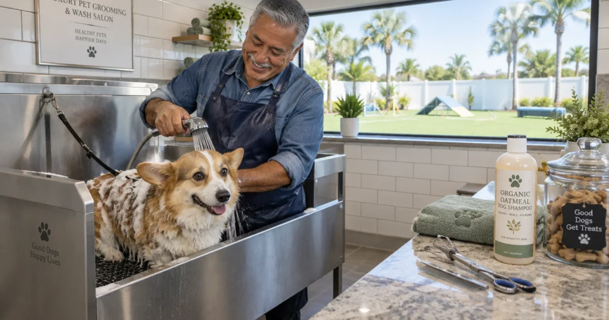 Smiling man washing a corgi in a stainless steel grooming tub overlooking an outdoor dog agility park.