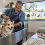 Smiling man washing a corgi in a stainless steel grooming tub overlooking an outdoor dog agility park.