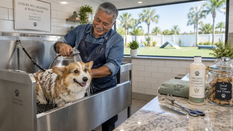 Smiling man washing a corgi in a stainless steel grooming tub overlooking an outdoor dog agility park.