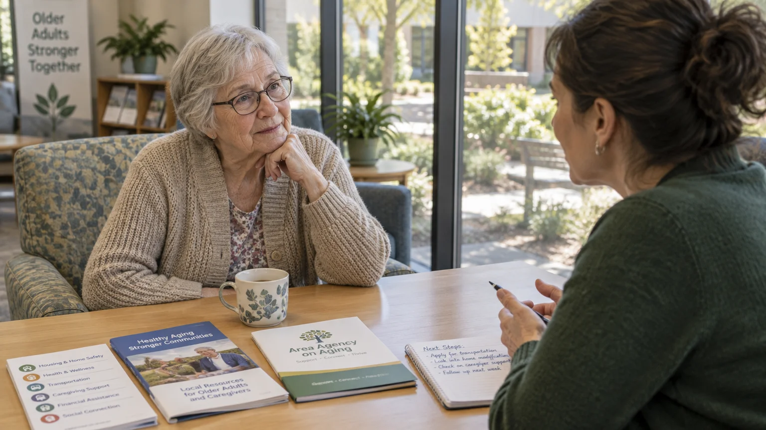 A senior woman sits at a table listening to a counselor with Area Agency on Aging resource booklets between them.