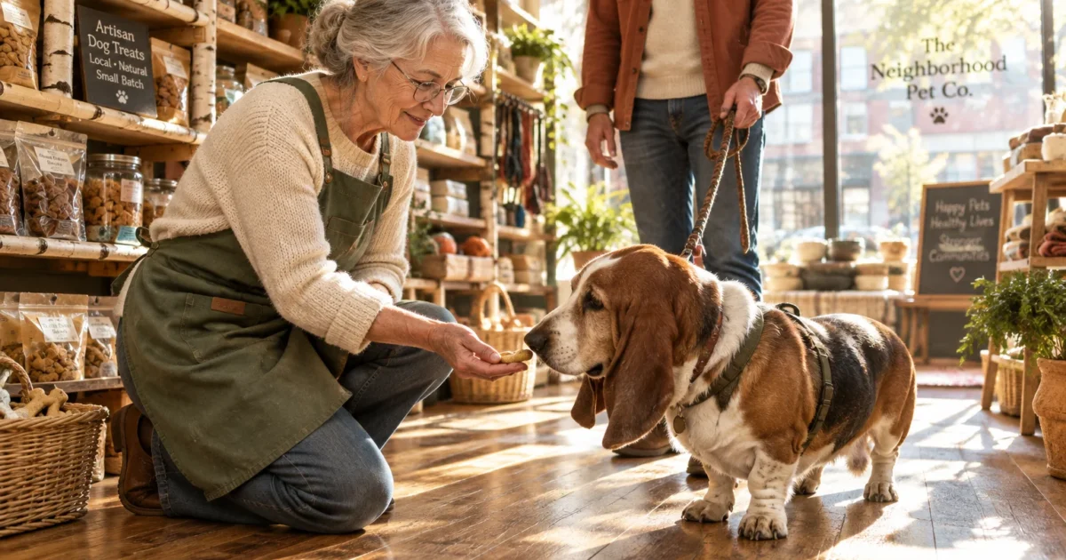 A smiling woman in a green apron kneels in a pet store to offer a treat to a basset hound on a leash.