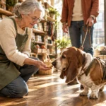 A smiling woman in a green apron kneels in a pet store to offer a treat to a basset hound on a leash.