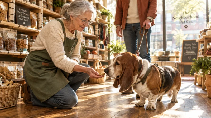 A smiling woman in a green apron kneels in a pet store to offer a treat to a basset hound on a leash.