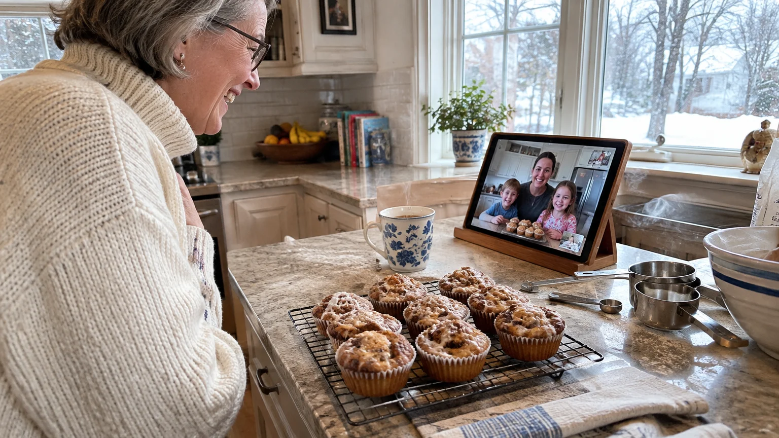 A smiling woman video chats on a tablet with family in a kitchen, with freshly baked muffins on the counter.