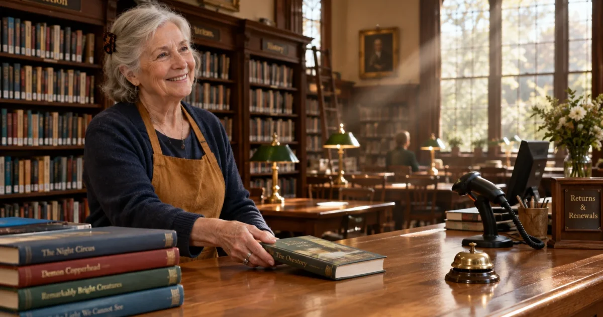 A smiling older woman wearing an apron stands behind a wooden library circulation desk holding a book.