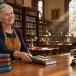 A smiling older woman wearing an apron stands behind a wooden library circulation desk holding a book.