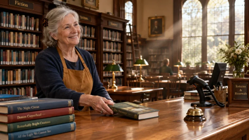 A smiling older woman wearing an apron stands behind a wooden library circulation desk holding a book.