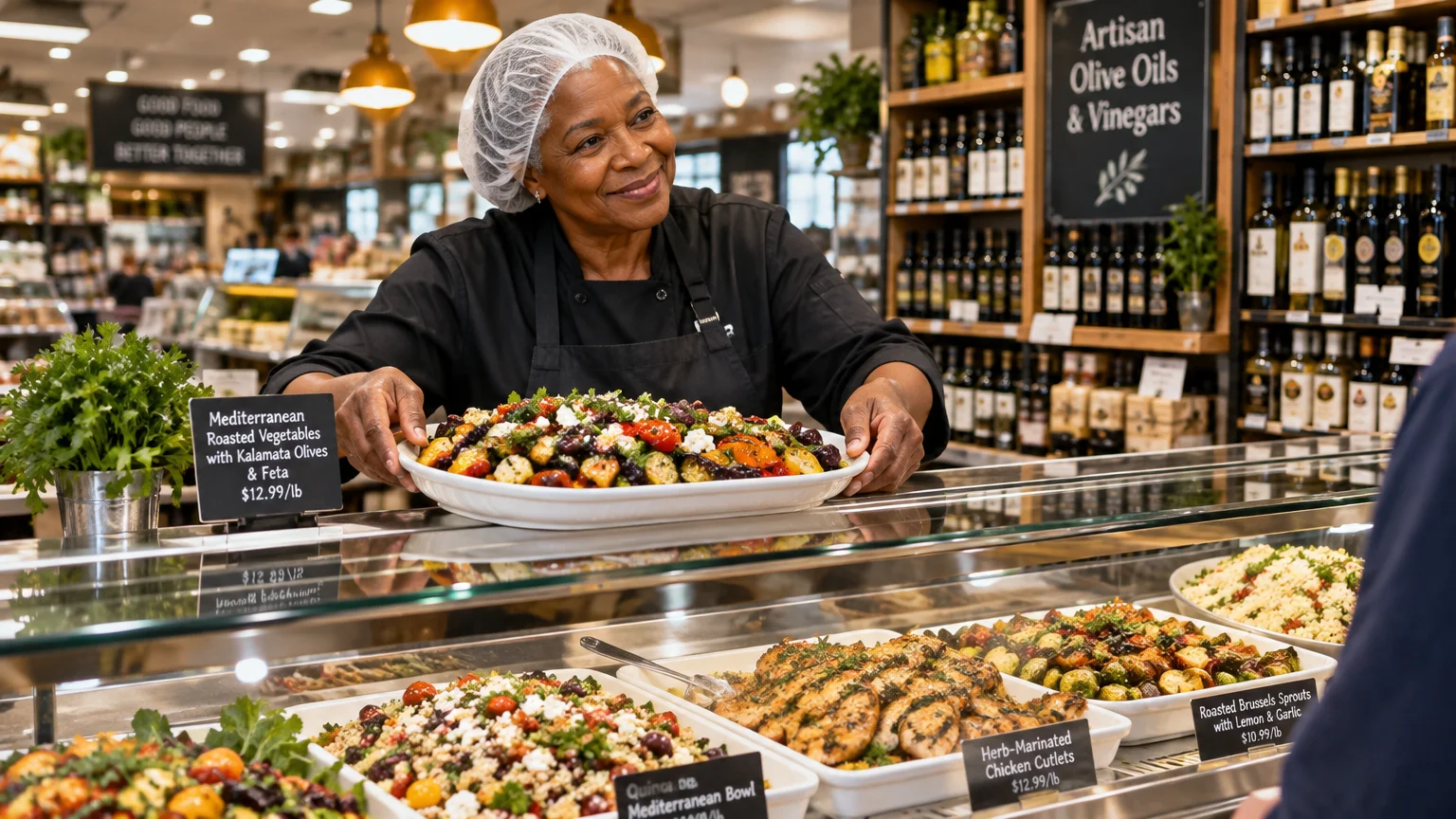 Deli worker in a hairnet places a platter of roasted vegetables into a glass prepared-foods display case.