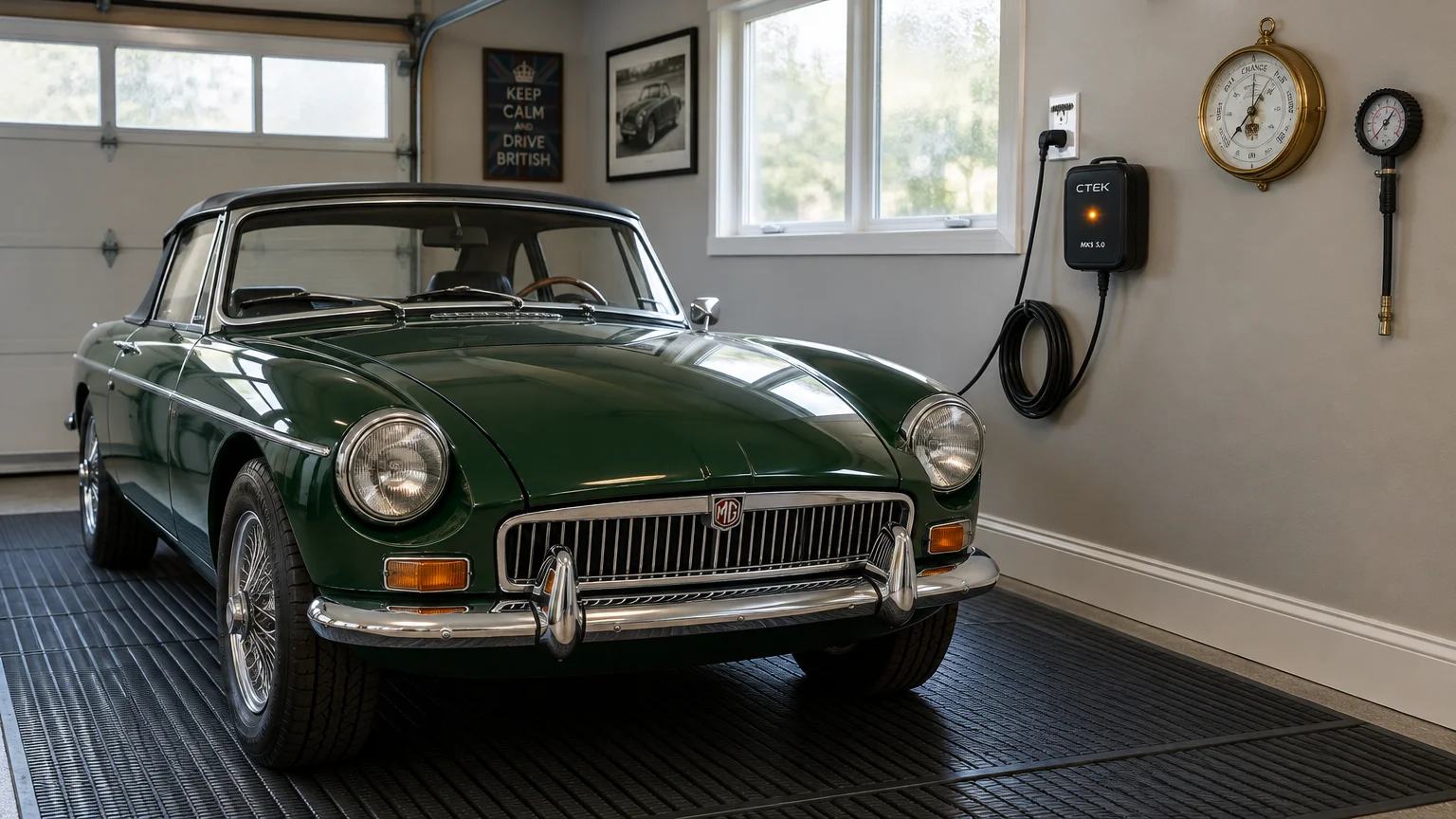 Green vintage sports car parked on black rubber mats inside a garage, plugged into a wall-mounted battery maintainer.