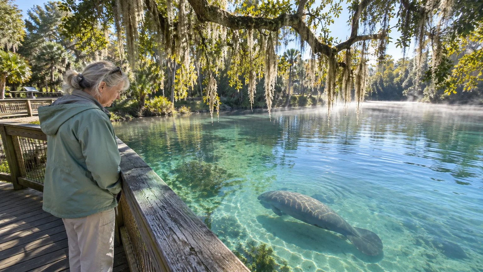 A woman on a wooden boardwalk looks down at a manatee swimming in clear, sunlit spring water beneath mossy trees.