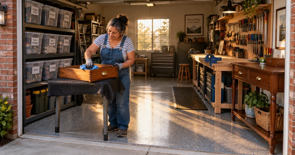 A woman in overalls cleans a wooden drawer inside an organized garage workshop equipped with tool racks and storage bins.