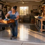 A woman in overalls cleans a wooden drawer inside an organized garage workshop equipped with tool racks and storage bins.