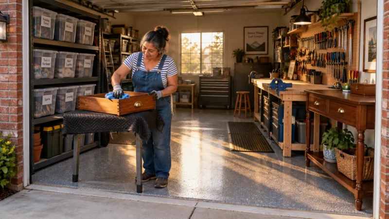 A woman in overalls cleans a wooden drawer inside an organized garage workshop equipped with tool racks and storage bins.