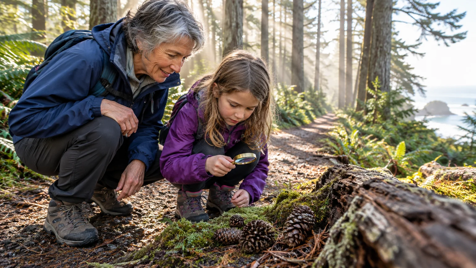 An older woman and a young girl crouch on a forest trail, examining moss and pine cones with a magnifying glass.