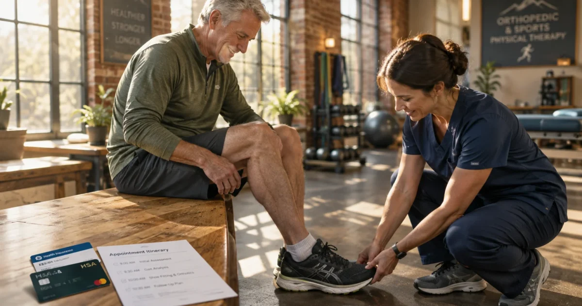 A physical therapist checks an older man's shoe in a clinic beside an HSA card and appointment itinerary.