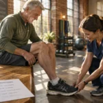 A physical therapist checks an older man's shoe in a clinic beside an HSA card and appointment itinerary.
