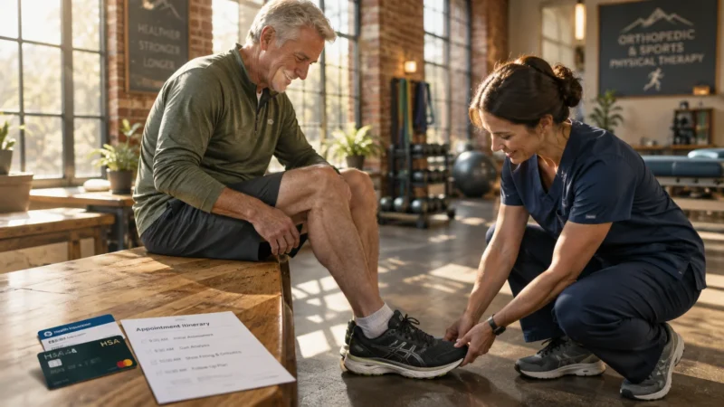 A physical therapist checks an older man's shoe in a clinic beside an HSA card and appointment itinerary.