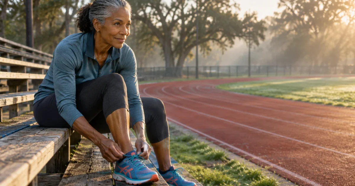 A mature woman with gray hair sits on bleachers tying her athletic shoes next to a running track.