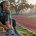 A mature woman with gray hair sits on bleachers tying her athletic shoes next to a running track.