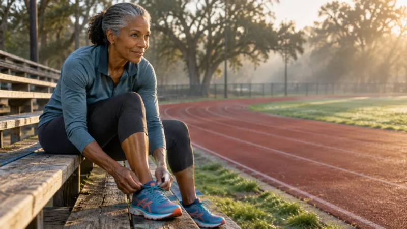 A mature woman with gray hair sits on bleachers tying her athletic shoes next to a running track.