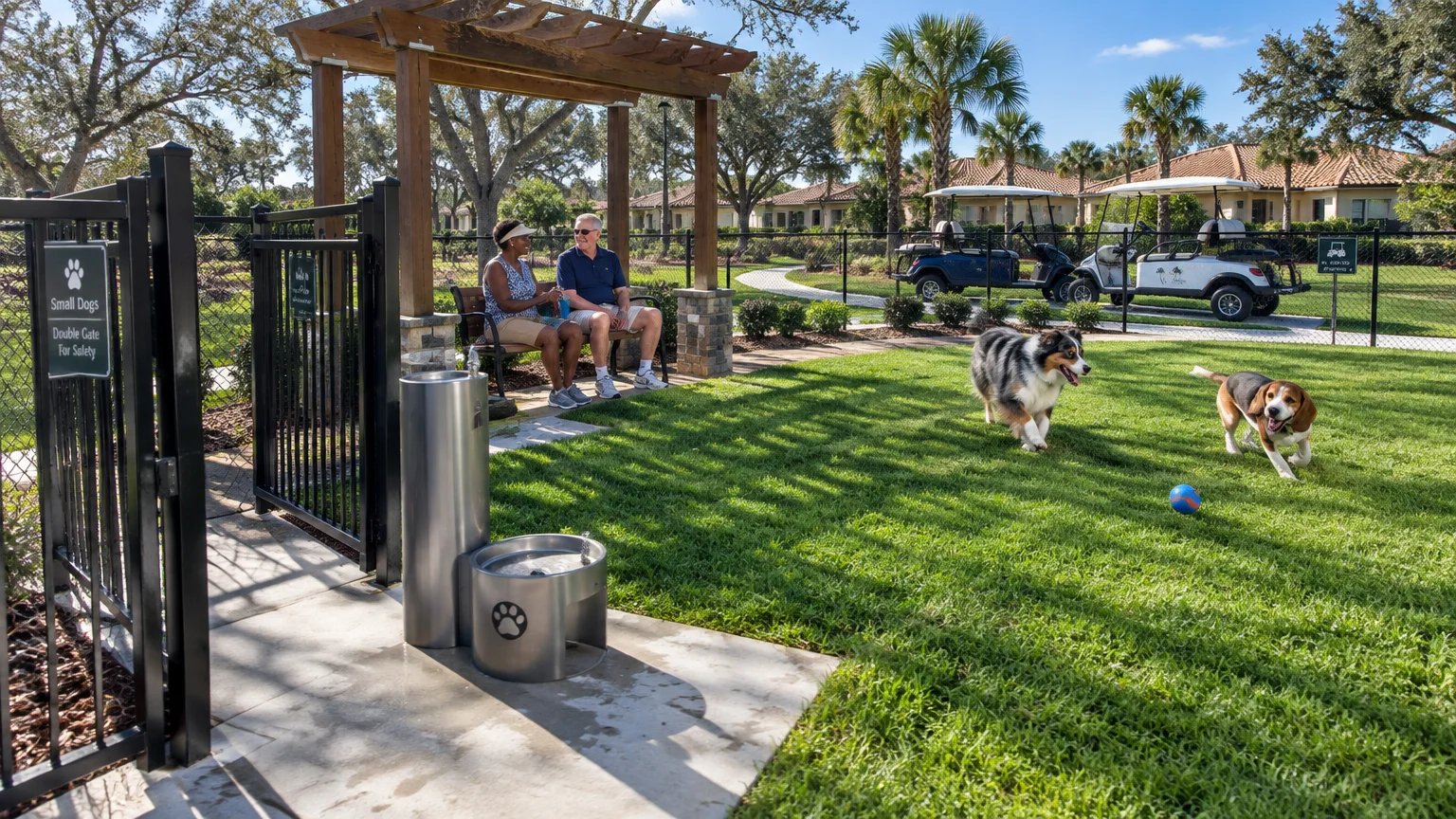 A couple sits under a pergola at a fenced dog park with golf carts parked outside as two dogs play on the grass.