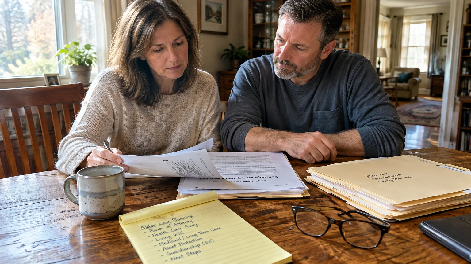 A man and woman sit at a wooden table reviewing legal documents and notes titled Elder Law Planning.