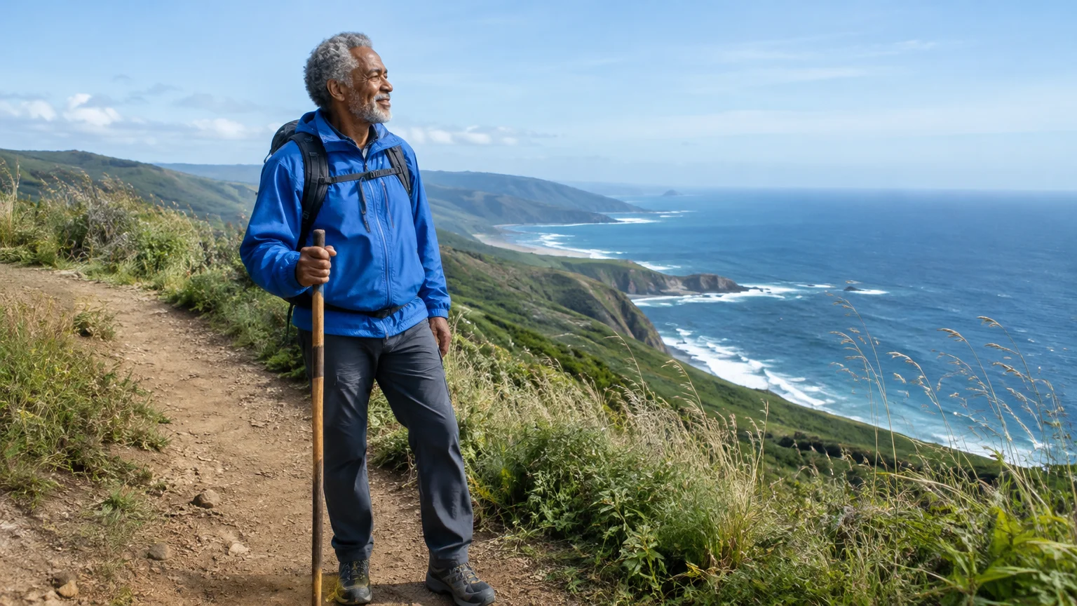 Senior man with a walking stick and backpack pauses along a scenic coastal trail overlooking the ocean.