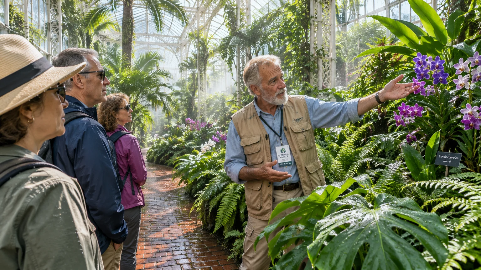 A senior guide in a greenhouse gestures toward purple orchids while talking to three visitors on a brick path.