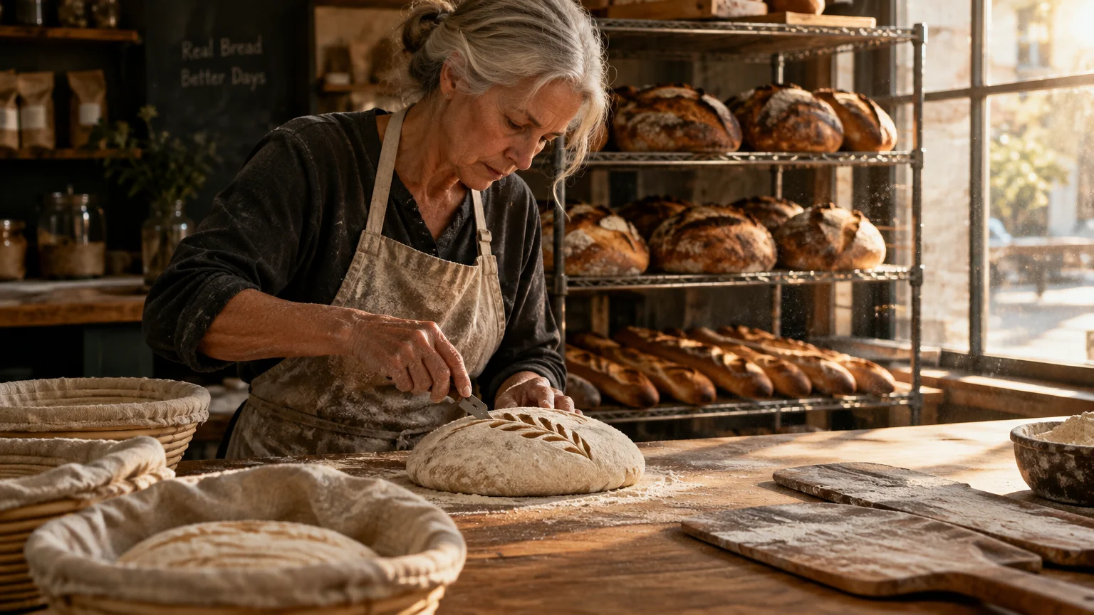 A baker in an apron scores a leaf pattern into unbaked sourdough bread on a wooden bakery counter lined with proofing baskets.