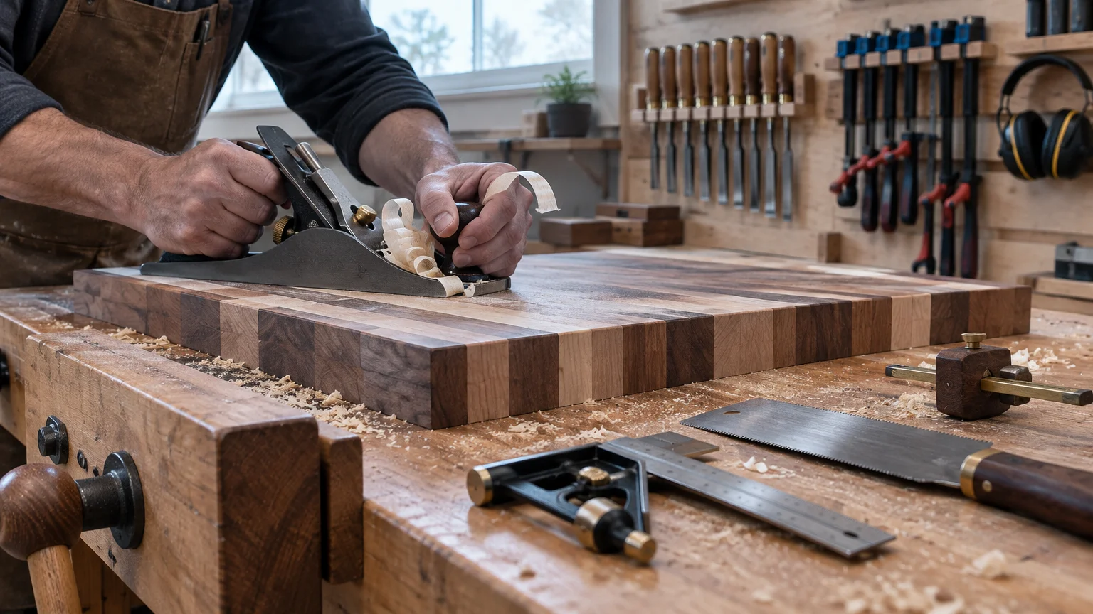 A woodworker uses a hand plane on a thick butcher block on a workbench surrounded by chisels and hand tools.