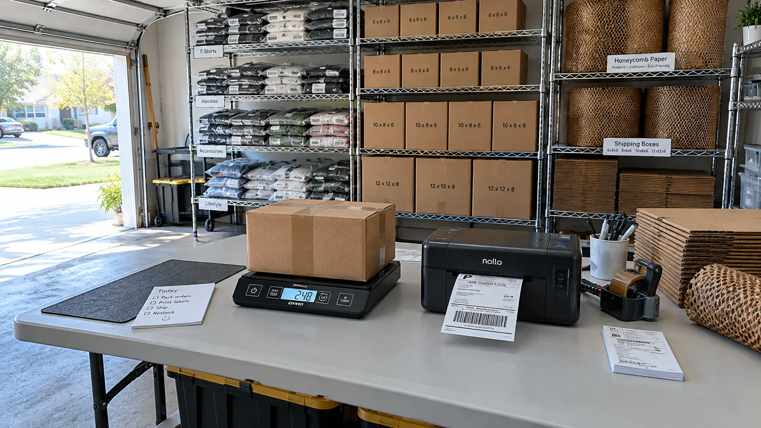 Garage packing station with shipping scale, label printer, taped box, and organized metal shelves of inventory.