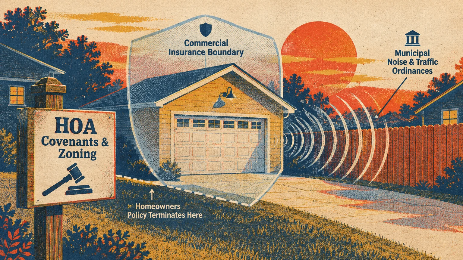 Illustration of a garage with labels for HOA covenants, commercial insurance boundaries, and noise ordinances.