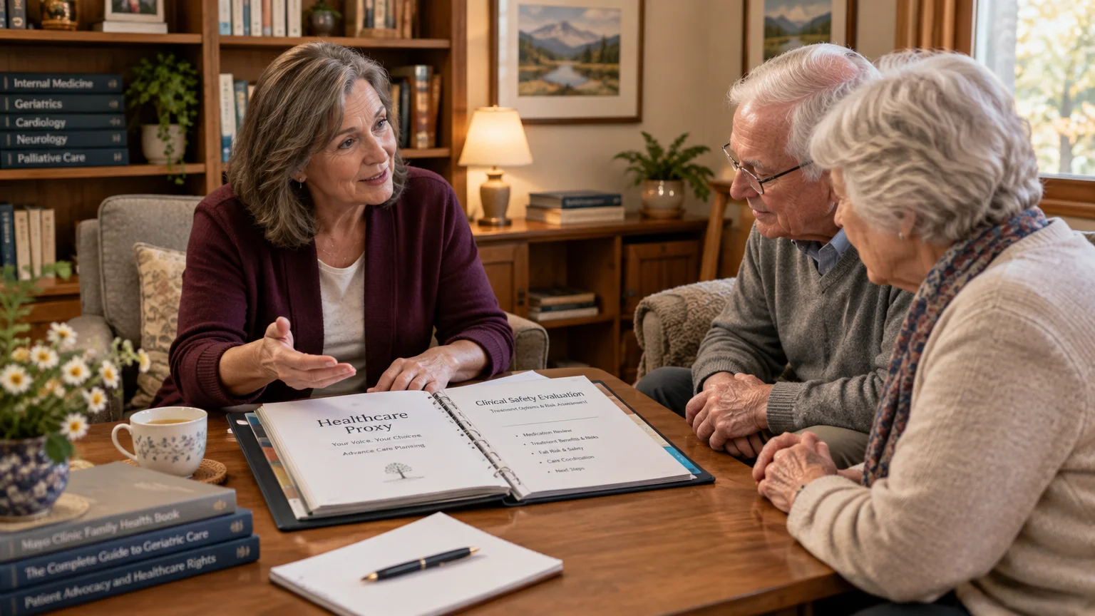 A woman consults with an elderly couple over open healthcare proxy and clinical safety documents at a wooden table.