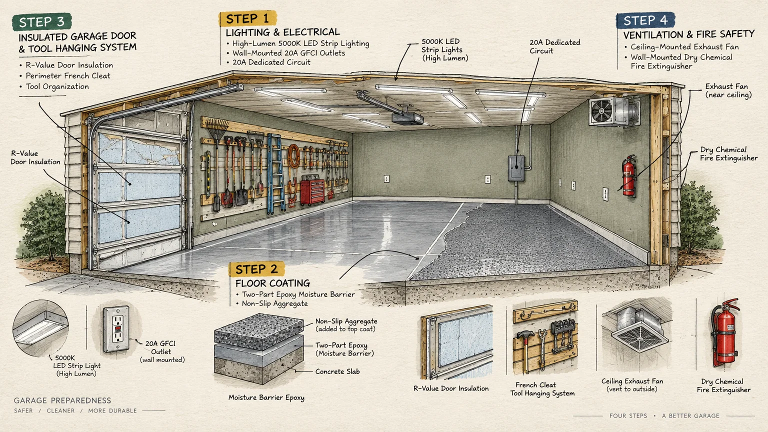 Cutaway diagram of a garage renovation showing lighting, electrical outlets, floor epoxy layers, and ventilation.