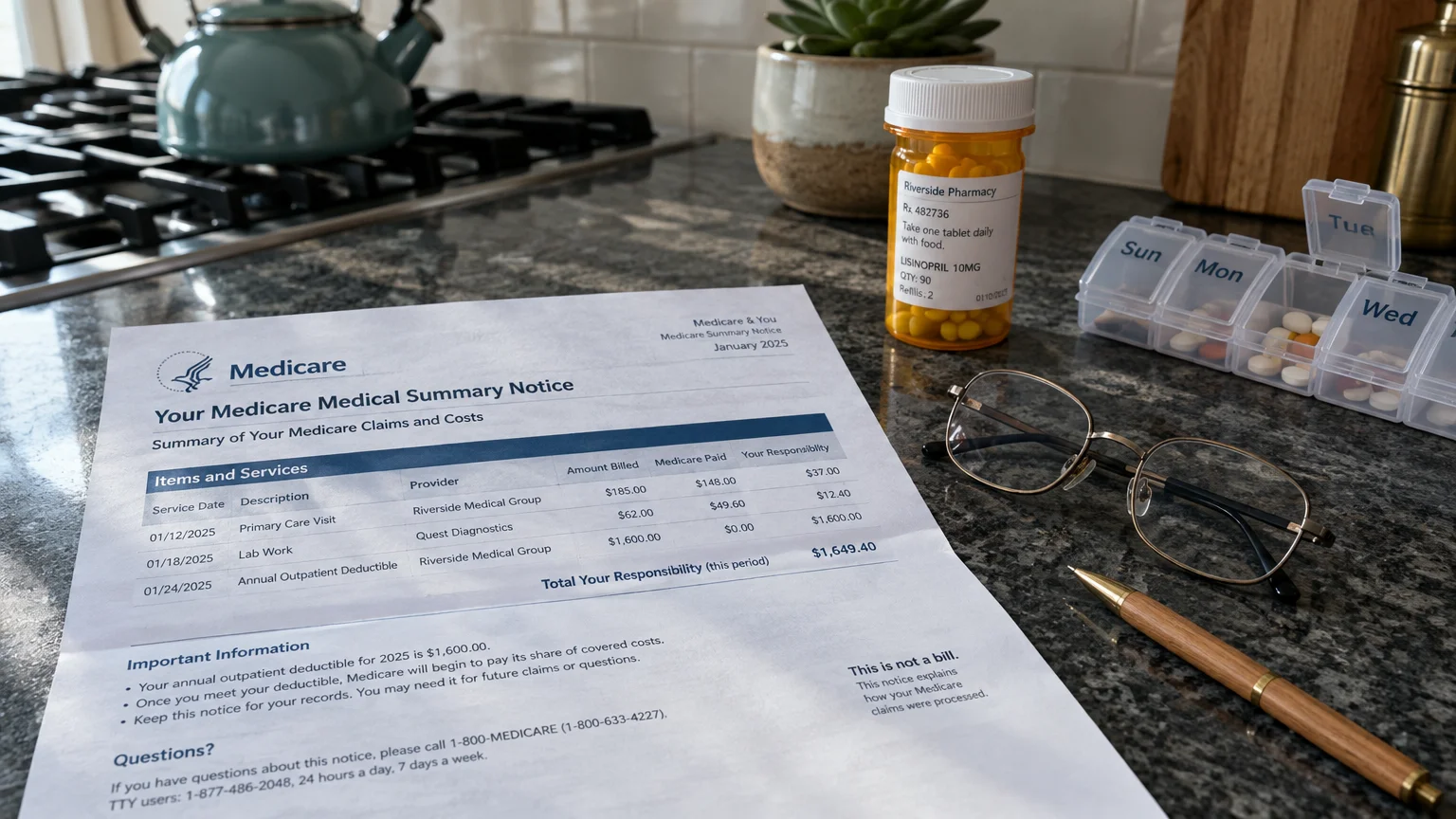 Medicare Medical Summary Notice paper beside glasses, a pen, pill bottle, and weekly pill organizer on a kitchen counter.