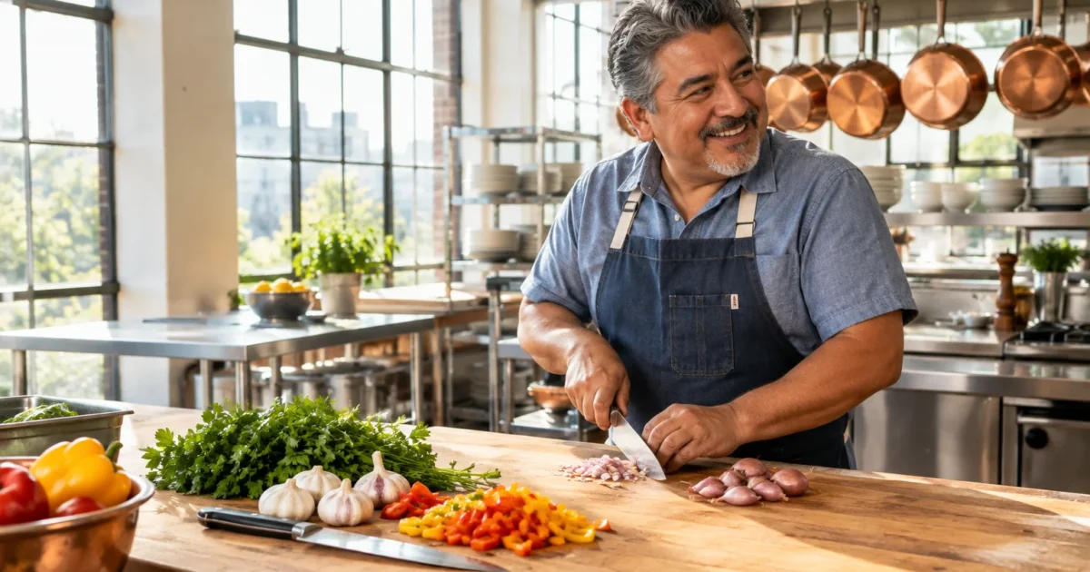 Smiling mature man in an apron chopping shallots on a wooden prep table in a bright, modern commercial kitchen.
