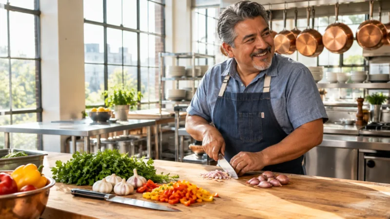 Smiling mature man in an apron chopping shallots on a wooden prep table in a bright, modern commercial kitchen.