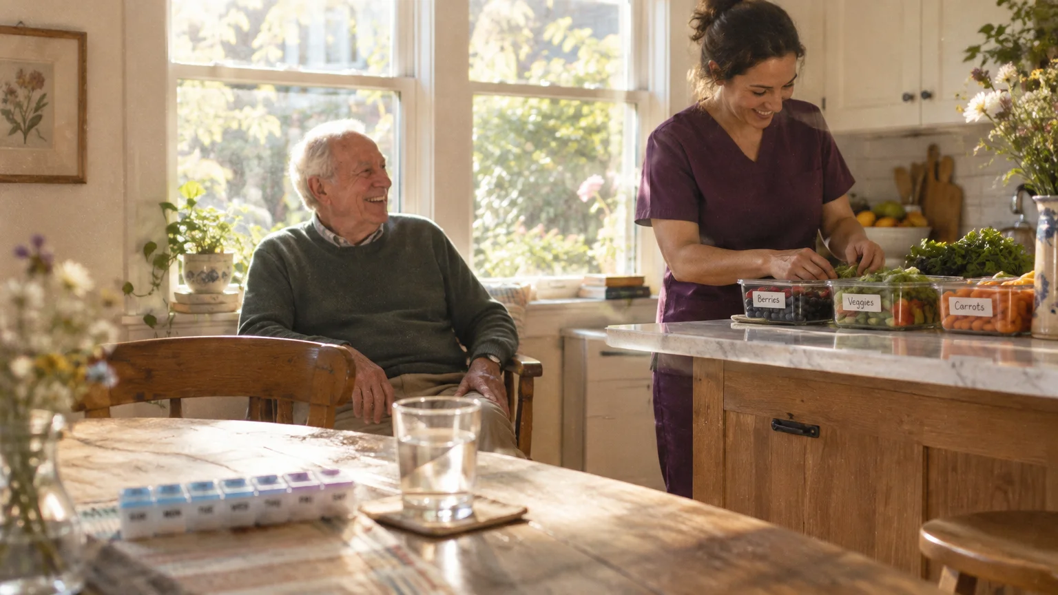 A caregiver in purple scrubs prepares produce at a kitchen counter while an elderly man sits smiling nearby.
