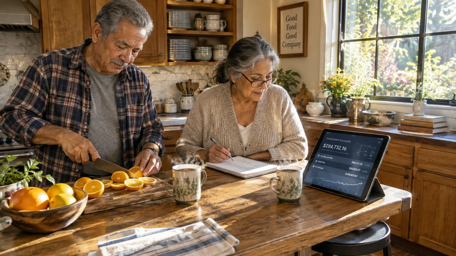 A senior couple in a sunny kitchen; a woman writes beside a financial tablet while a man slices oranges.