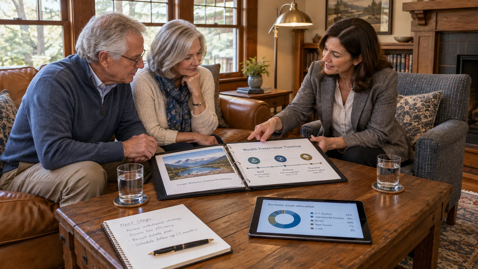 A financial advisor reviews a wealth preservation binder and digital portfolio charts with a senior couple in a living room.