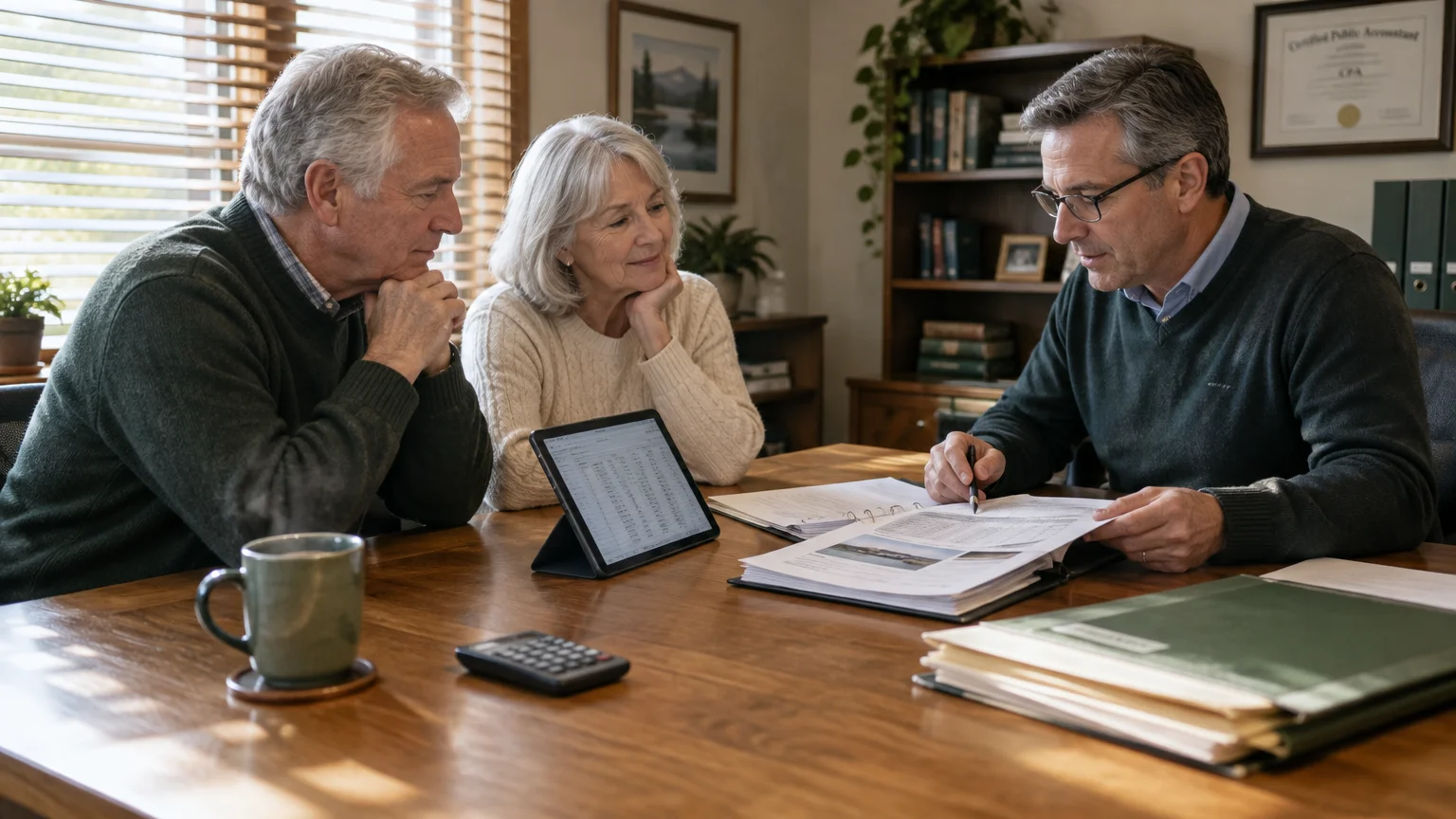 An older couple sits at a wooden desk across from an accountant reviewing papers beside a tablet and calculator.